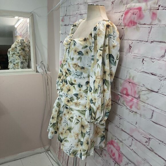 Avant Look Women's Puff Sleeve Off The Shoulder Floral Pleated Dress Cream Size - Picture 6 of 14